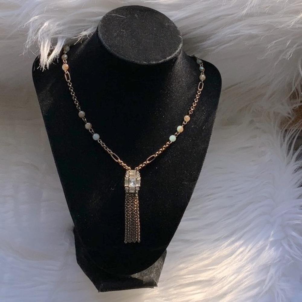 VINTAGE LYDELL NYC NECKLACE RHINESTONE FRINGE TASSEL BEAD GOLD TONE